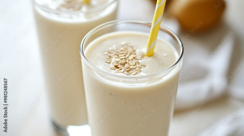 Refreshing smoothie topped with grains, perfect for a healthy breakfast or snack, served in clear glasses with straws. Refreshing smoothie topped with grains, perfect for a healthy breakfast or snack, served in clear glasses with straws.
