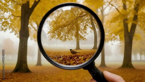 Autumn forest scene with bird magnified through a handheld magnifying glass