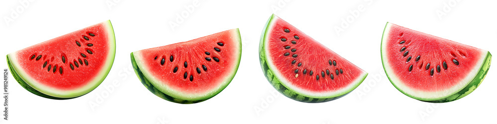 A realistic watermelon slice with seeds fresh fruit vibrant red and green isolated on white and transparent background A realistic watermelon slice with seeds fresh fruit vibrant red and green isolated on white and transparent background