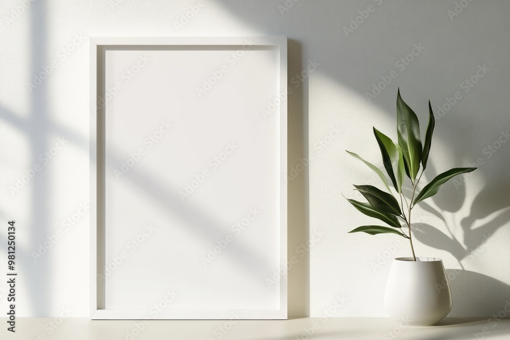 A minimalist photograph of a white picture frame leaning against a wall with a small white vase containing a green leafy plant, with dramatic shadows from natural light A minimalist photograph of a white picture frame leaning against a wall with a small white vase containing a green leafy plant, with dramatic shadows from natural light