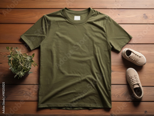 Blank olive color t-shirt on wooden background. Mock up template for design print photos