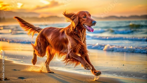 Vibrant red Irish Setter dog runs freely along sandy beach, fur shining golden in warm sunlight, joyful energy radiating from every movement.