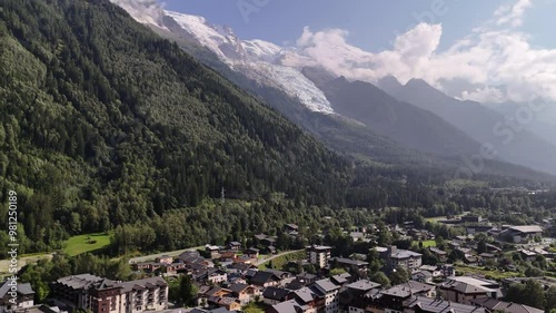 Aerial view of Chamonix town and Mont Blanc mountain in The Alps, France