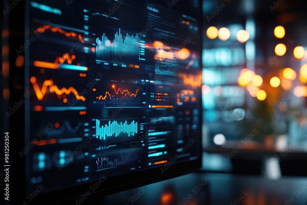 A close-up view of a modern monitor displaying vibrant data visualizations and graphs in a stylish, illuminated environment. A close-up view of a modern monitor displaying vibrant data visualizations and graphs in a stylish, illuminated environment.