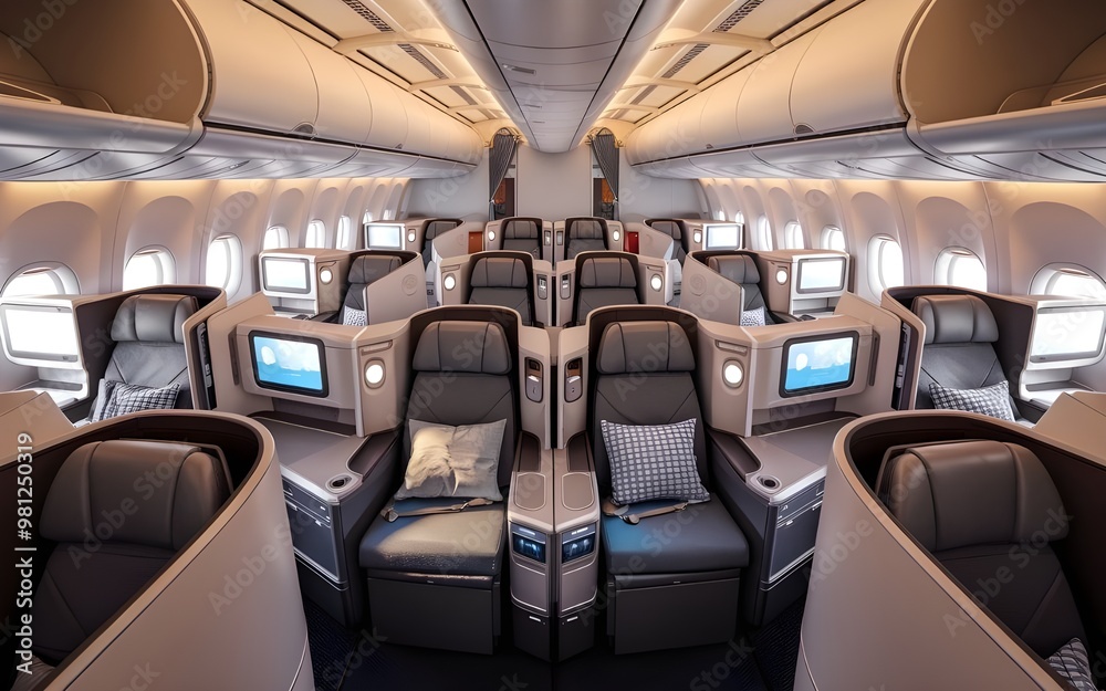 Fototapeta premium Luxury Airplane Business Class Cabin Cross-Section with Premium Seats for Travel
