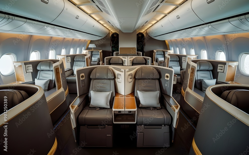 Luxury Airplane Business Class Cabin Cross-Section with Premium Seats for Travel Luxury Airplane Business Class Cabin Cross-Section with Premium Seats for Travel