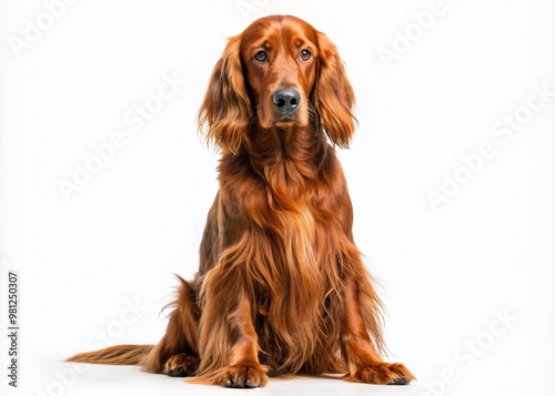 Adorable Irish Setter dog with fluffy coat and wagging tail sits up straight, looking directly at camera with big brown eyes, isolated on white background.