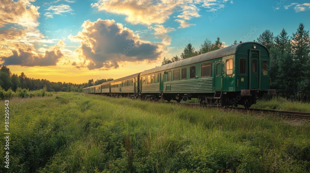 Fototapeta premium The train passes through beautiful rural scenery