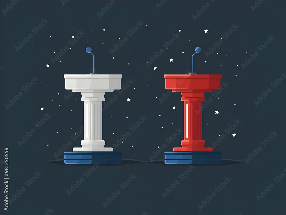 Flat Glossy Debate Podiums with Real-Time Poll Updates - Wide Shot Illustration for Live Polling Concepts in a Professional Business Tone Flat Glossy Debate Podiums with Real-Time Poll Updates - Wide Shot Illustration for Live Polling Concepts in a Professional Business Tone