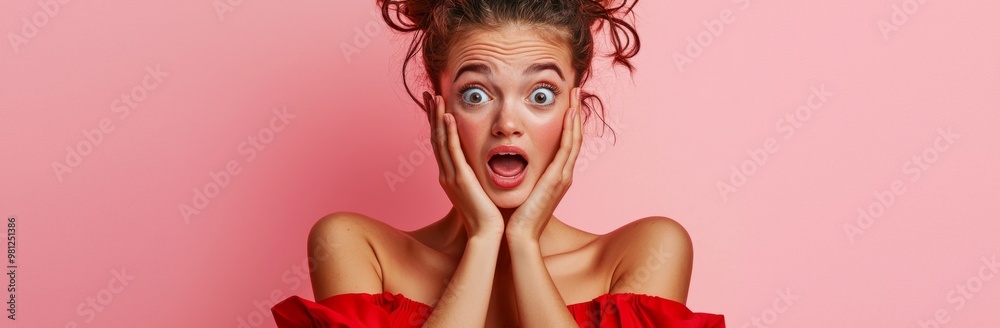 An emotional young woman wears a red top, gestures, and poses against a pink studio background. She is expressing human emotions, news, sales, and shopping. An emotional young woman wears a red top, gestures, and poses against a pink studio background. She is expressing human emotions, news, sales, and shopping.