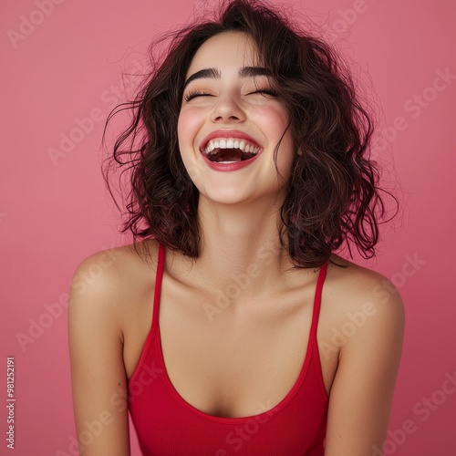 The portrait shows a beautiful young girl in a red top, cheerfully smiling while posing against a pink studio background. It describes human emotions, youth culture, facial expressions, celebrations,