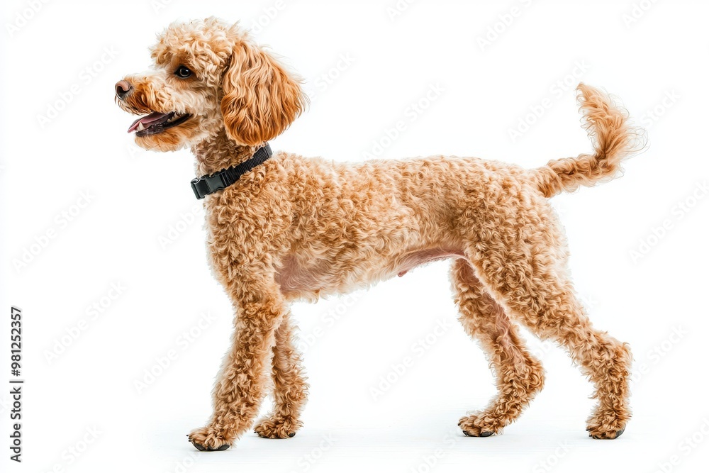 Playful, fluffy, brown purebred Poodle in motion, running, playing isolated on white background. Concept of animals, domestic pets, care, vet, pet friend. Playful, fluffy, brown purebred Poodle in motion, running, playing isolated on white background. Concept of animals, domestic pets, care, vet, pet friend.