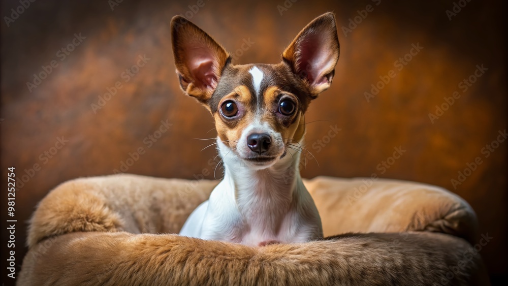 Adorable toy fox terrier with fluffy white and brown fur, big brown eyes, and floppy ears, sitting on a soft brown couch cushion alone.