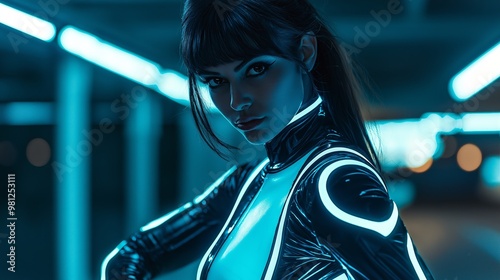 elegance charm woman wearing sci-fi fantasy tight suit with glow neon light