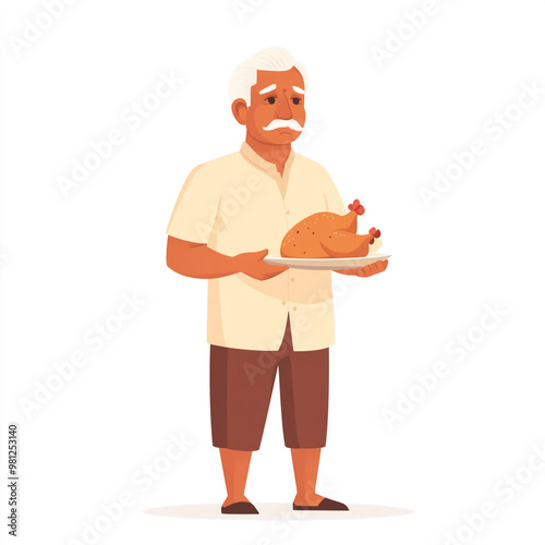 An older Indian man is holding a plate with a roasted chicken on it.