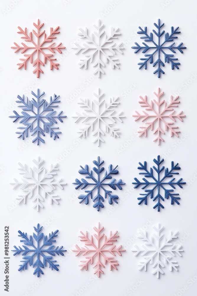 Snowflakes Variety, A collection of intricate and unique snowflake designs in soft watercolor hues Snowflakes Variety, A collection of intricate and unique snowflake designs in soft watercolor hues