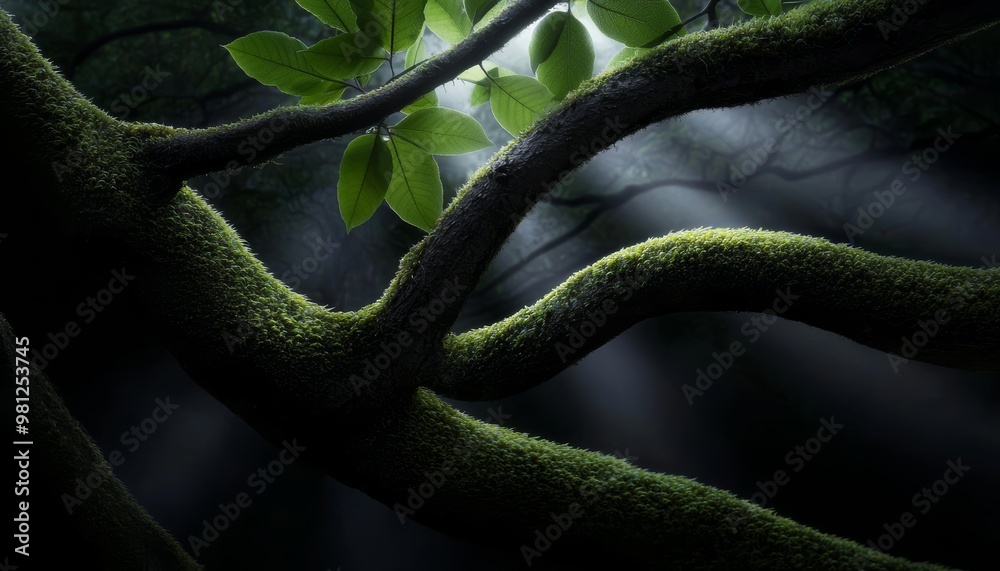 Obraz premium A forest floor carpeted with moss, with twisted branches overhead and sunlight streaming through the thick canopy of leaves, creating a calming vibe.