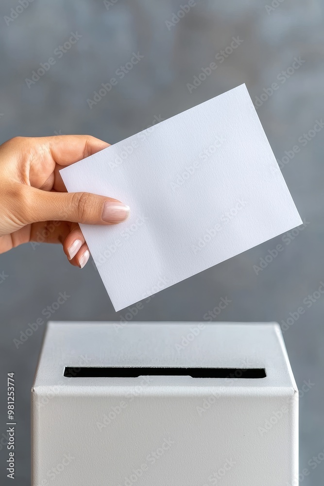 Voter placing their completed mail-in ballot into an official dropbox, absentee voting, secure election Voter placing their completed mail-in ballot into an official dropbox, absentee voting, secure election