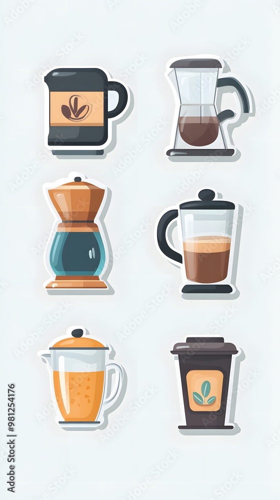 Sticker vector image of a coffee maker, with various types and styles of coffee brewing equipment on a brown background. Vector illustration, in a cartoon style for stickers or label design Sticker vector image of a coffee maker, with various types and styles of coffee brewing equipment on a brown background. Vector illustration, in a cartoon style for stickers or label design