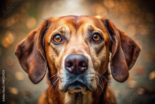 Adorable brown-eyed dog with floppy ears and wet nose licks lips, showcasing whiskers and wrinkles, in a heartwarming close-up portrait with natural lighting effects.