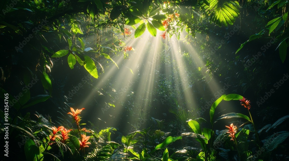 Obraz premium Sunbeams Piercing Through Lush Tropical Foliage