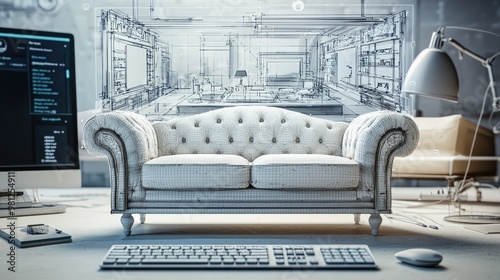 graphics of a beautiful designer couch buing in the process of being built inside a computer screen photo