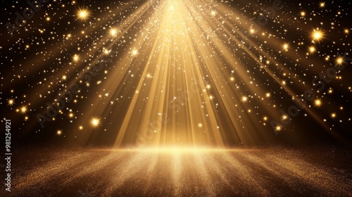 show case stage with gold spotlights shimmering shining on stage with glitter glow bokeh black background , luxurious stage idea for mock up 