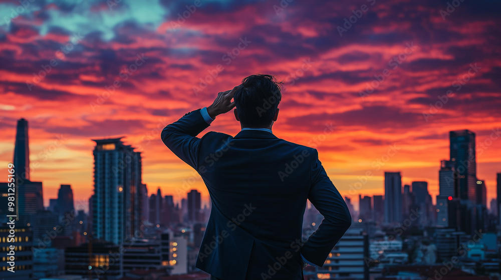 A man in a suit is standing on a rooftop looking out over a city at a beautiful sunset A man in a suit is standing on a rooftop looking out over a city at a beautiful sunset