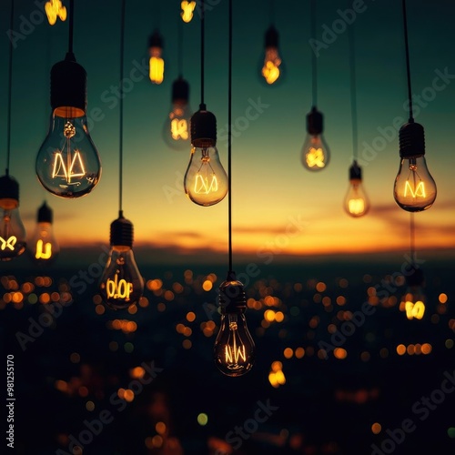 Stunning view of illuminated light bulbs hanging against a vibrant sunset, creating a magical ambiance in the twilight sky.