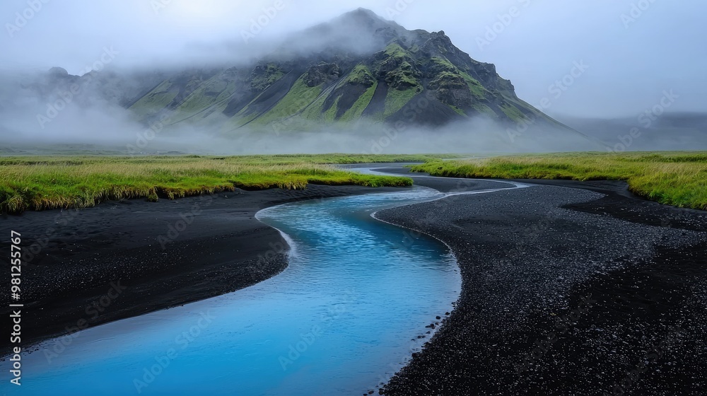 Icelandic nature: a blue river in the center of an opening with green grass on top and black sand to one side, a mountain covered by fog Icelandic nature: a blue river in the center of an opening with green grass on top and black sand to one side, a mountain covered by fog