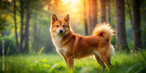 Adorable Finnish Spitz dog with fox-like features and vibrant orange coat stands solitary in a lush green meadow surrounded by trees on a sunny day. photo