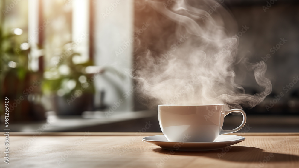 A steaming cup of coffee on a wooden table with a blurred sunlit background A steaming cup of coffee on a wooden table with a blurred sunlit background