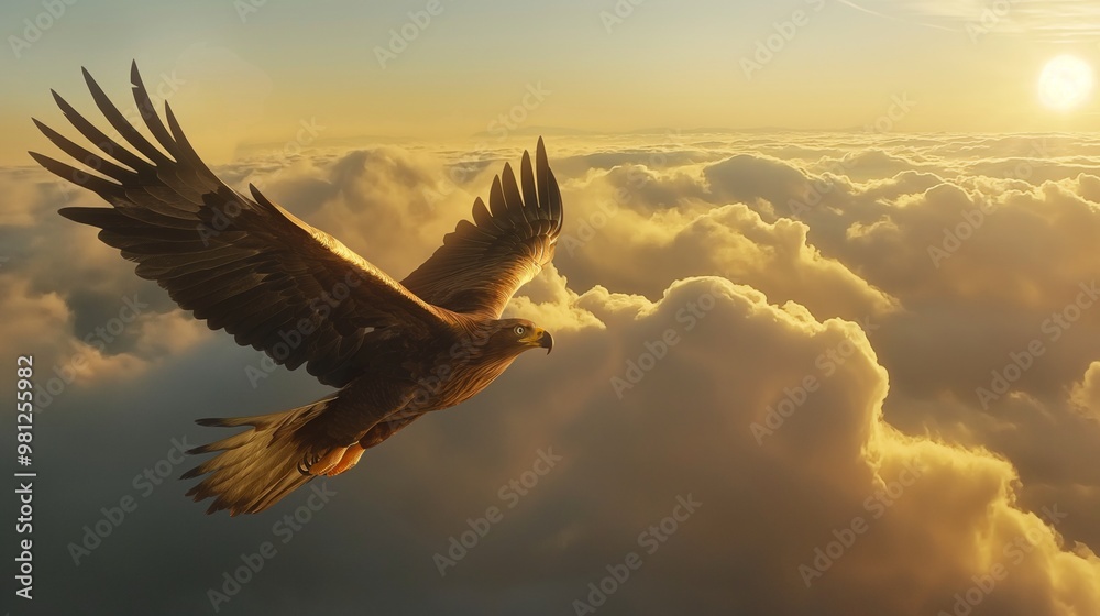 Fototapeta premium Majestic eagle soaring above the clouds at sunrise with golden light illuminating the sky