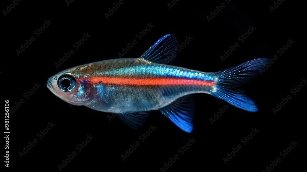 Neon Tetra: A small Neon Tetra with iridescent blue and red stripes Neon Tetra: A small Neon Tetra with iridescent blue and red stripes