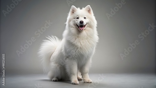 Adorable happy samoyed stands upright on hind legs, showcasing its fluffy white fur and cute facial expression, against a clean and simple background.