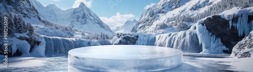 Polished ice podium surrounded by snow-covered peaks and frozen waterfalls, elegant product presentation, snowy mountain scene