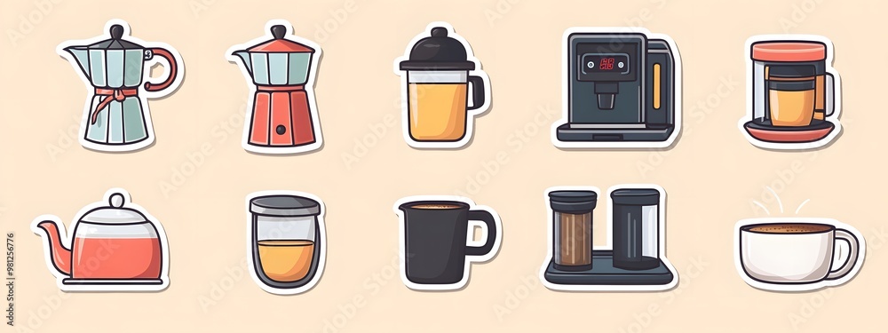 Sticker vector image of a coffee maker, with various types and styles of coffee brewing equipment on a brown background. Vector illustration, in a cartoon style for stickers or label design Sticker vector image of a coffee maker, with various types and styles of coffee brewing equipment on a brown background. Vector illustration, in a cartoon style for stickers or label design