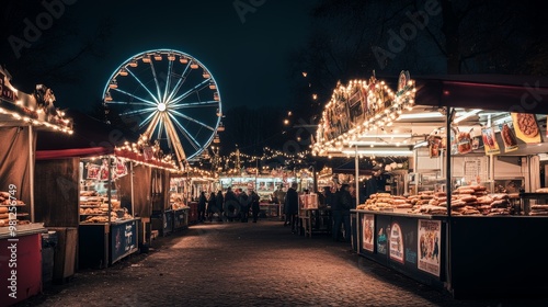 Mercado nocturno lleno de puestos de comida, luces festivas y una gran noria al fondo, creando un ambiente animado y festivo durante la noche. photo