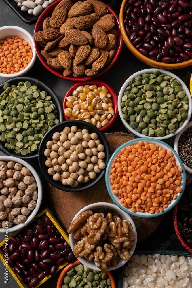 several pots with raw grains for preparing healthy food several pots with raw grains for preparing healthy food