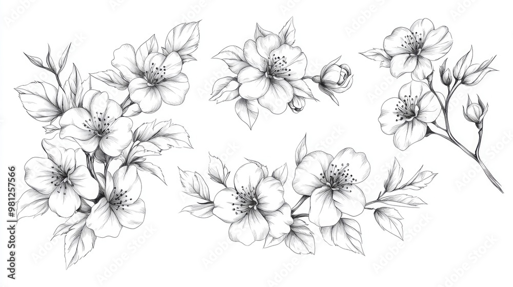 Floral Line Art Set with Sakura Flower Outlines and Hand Painted Doodle Designs Ideal for wedding invitations bridal showers and floral greeting cards Black and white stencil flowers featured Floral Line Art Set with Sakura Flower Outlines and Hand Painted Doodle Designs Ideal for wedding invitations bridal showers and floral greeting cards Black and white stencil flowers featured