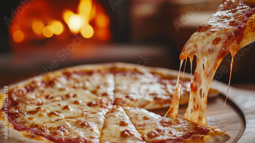 close up of pizza is sliced, with one piece being lifted, showing gooey, melted cheese stretching.