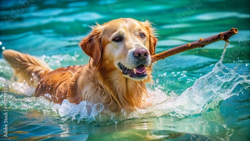 A playful golden retriever swims in calm turquoise water, its fur glistening with droplets, as it chases after a thrown stick on a sunny day.