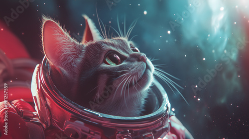 cat in space suit is floating in gallaxy space