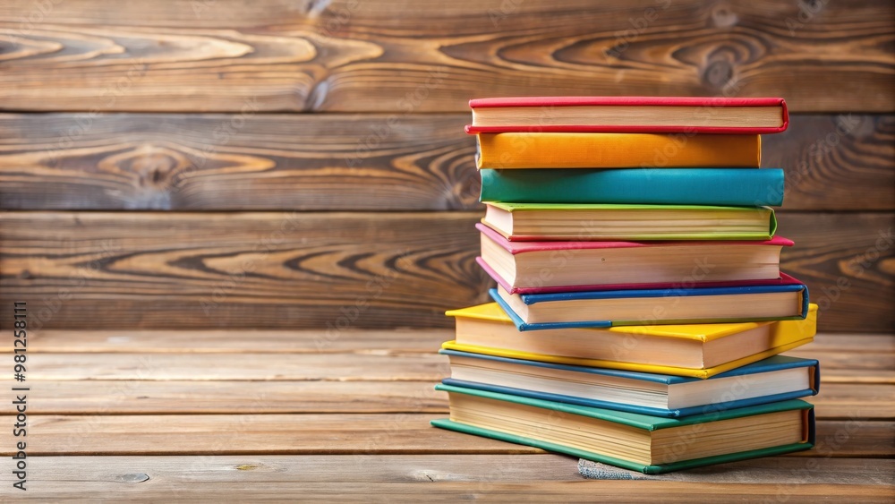 A stack of colorful books on a wooden table, literature, reading, education, knowledge, library, studying, school A stack of colorful books on a wooden table, literature, reading, education, knowledge, library, studying, school