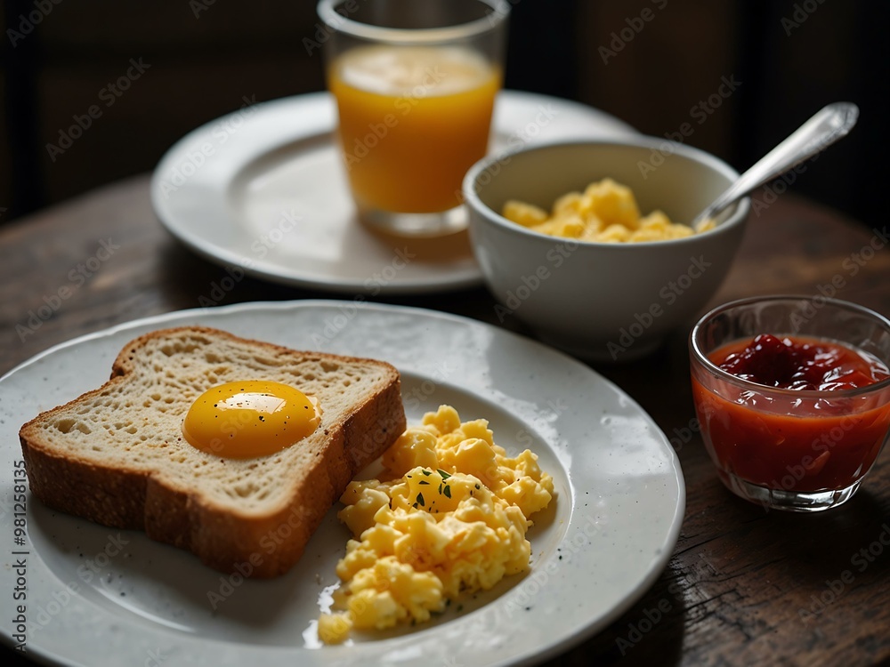 Classic European breakfast with scrambled eggs and toast. Classic European breakfast with scrambled eggs and toast.