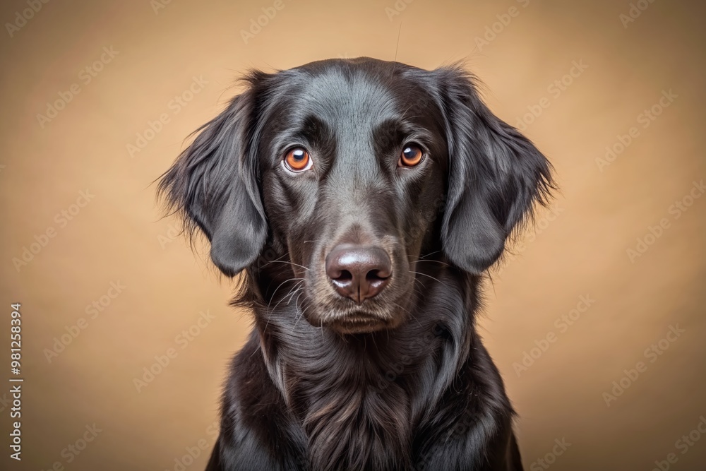Adorable black retriever with floppy ears and sweet expression sitting on a soft, isolated pastel background, surrounded by plenty of copy space for text. Adorable black retriever with floppy ears and sweet expression sitting on a soft, isolated pastel background, surrounded by plenty of copy space for text.