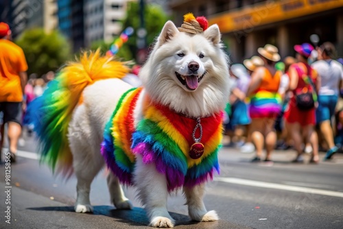 A festive Samoyed dog, adorned with rainbow attire and colorful accessories, proudly marches alone in a vibrant pride parade setting, symbolizing inclusivity and joy. photo