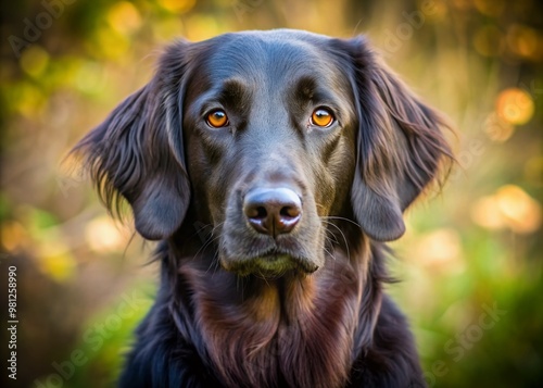 A majestic flat-coated retriever sits attentively, its shiny black coat glistening in the light, with bright brown eyes and a friendly, alert expression. photo