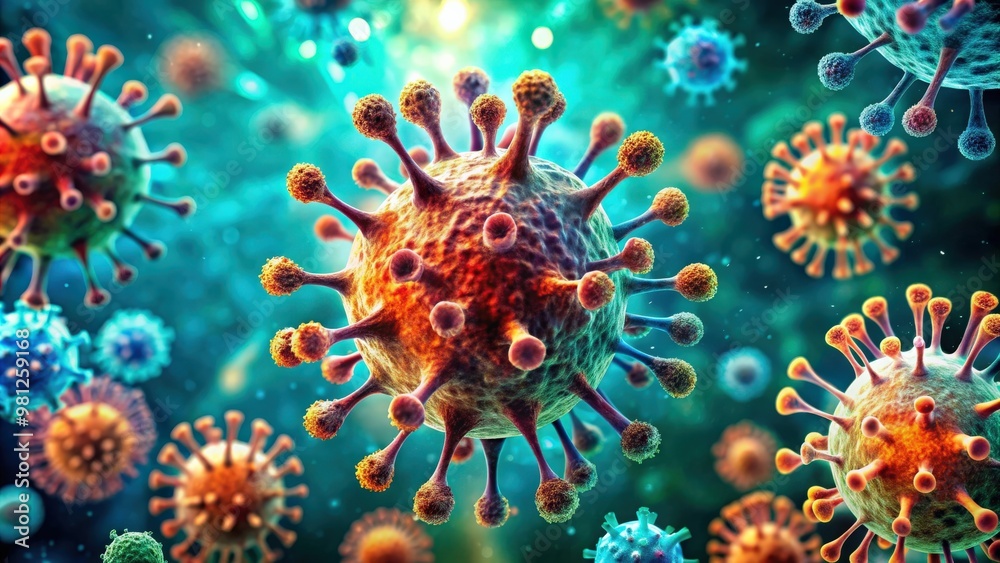 Close-up of virus and bacteria cells under a microscope, microscopic, pathogen, infectious, scientific, cellular Close-up of virus and bacteria cells under a microscope, microscopic, pathogen, infectious, scientific, cellular