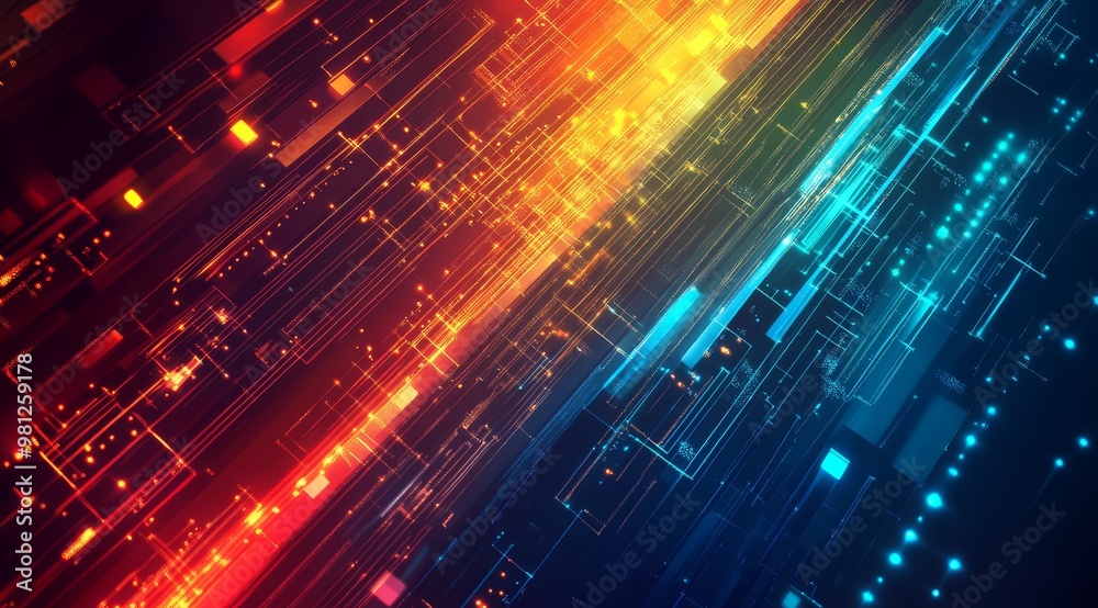 Digital data streams with colorful circuits and lines